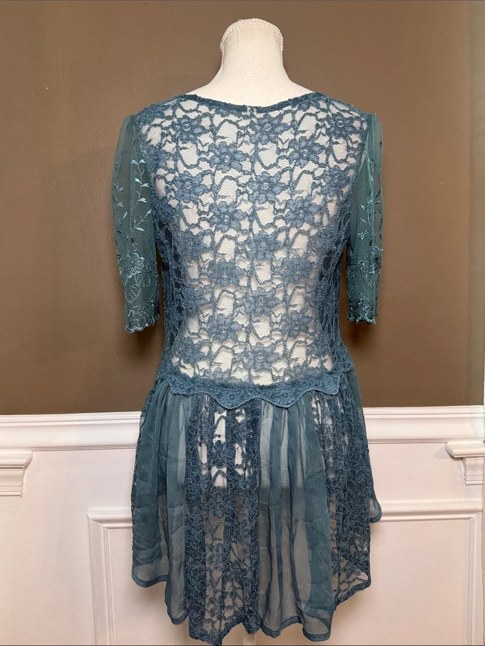 Free People Teal Embroidered‎ Lace Peplum Top